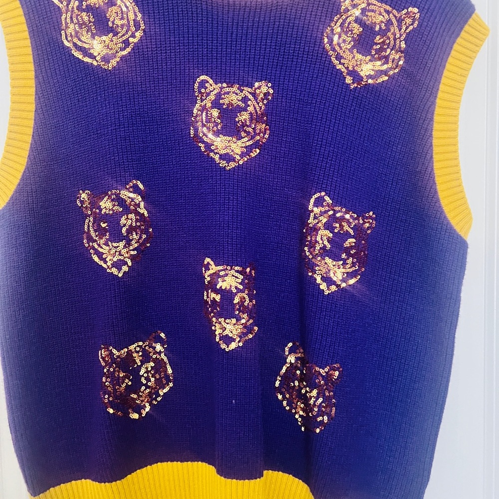 NWOT WHY Brand Purple and Gold Sequin Tiger LSU Sweater Vest. Size large.